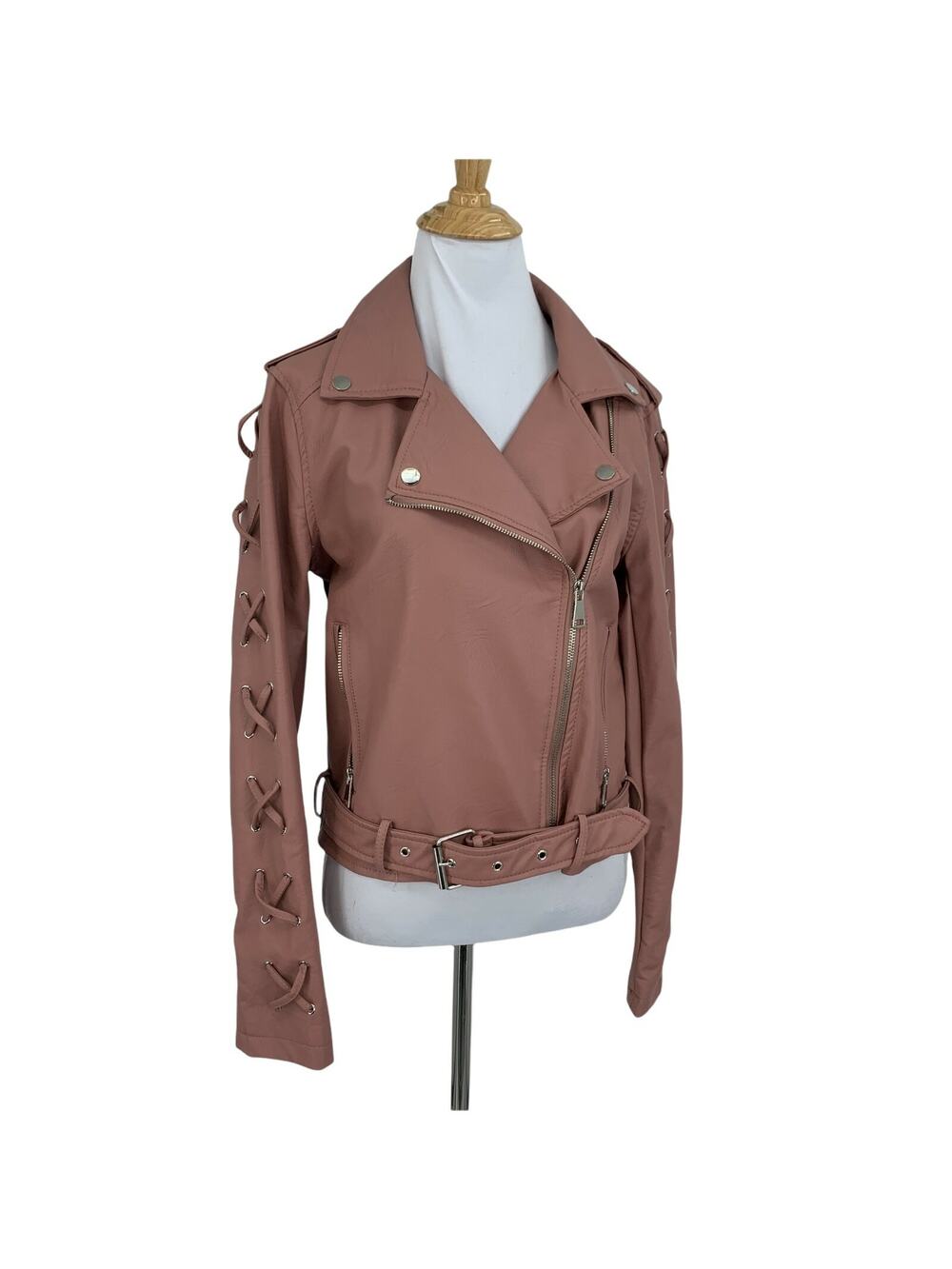 Miss Posh Jacket Womens S Small Mauve Faux Leather Moto Side Zip Braided Sleeves